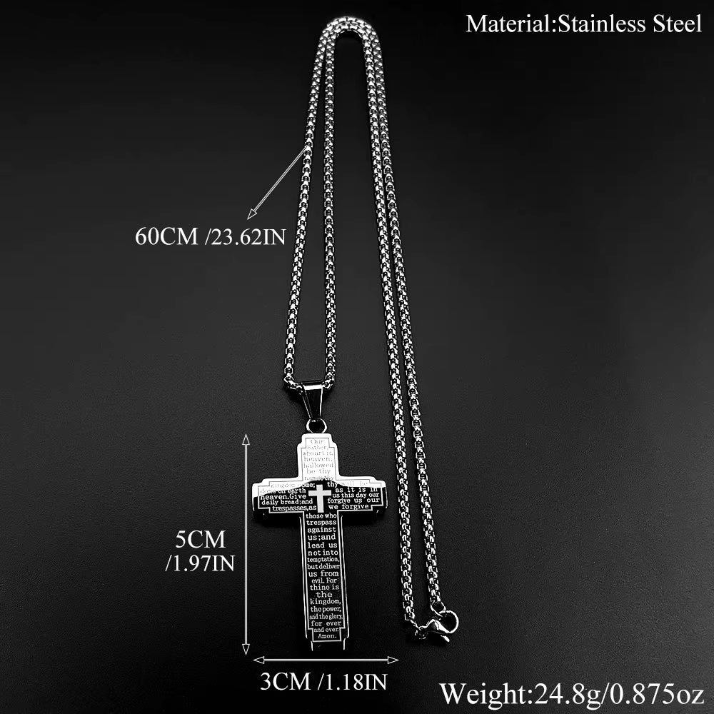 Men Stainless Steel Christian Bible Cross Religious Prayer Chain Big Pendant Necklace