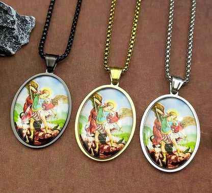 Women Men Stainless Steel Gold Color Christian Amulet SAINT MICHAEL PROTECT US Archangel Glass Medal Pendant Necklace