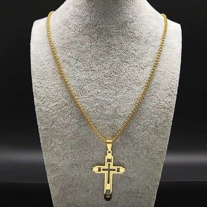 Men Fashion Cross Gold Stainless Steel Choker Cross Stainless Steel Choker Pendant Necklace