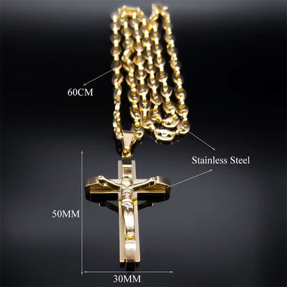 Men Stainless Steel Gold Color Christian Jesus Cross Crucifix Pendant Necklace