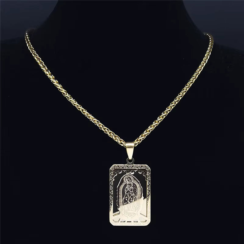Men Stainless Steel Hip Hop Virgin Mary Medal Our Lady of Guadalupe Pendant Necklace