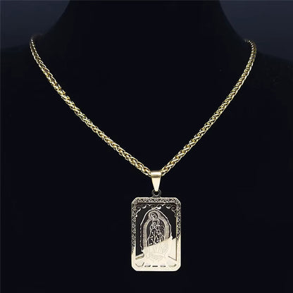 Men Stainless Steel Hip Hop Virgin Mary Medal Our Lady of Guadalupe Pendant Necklace