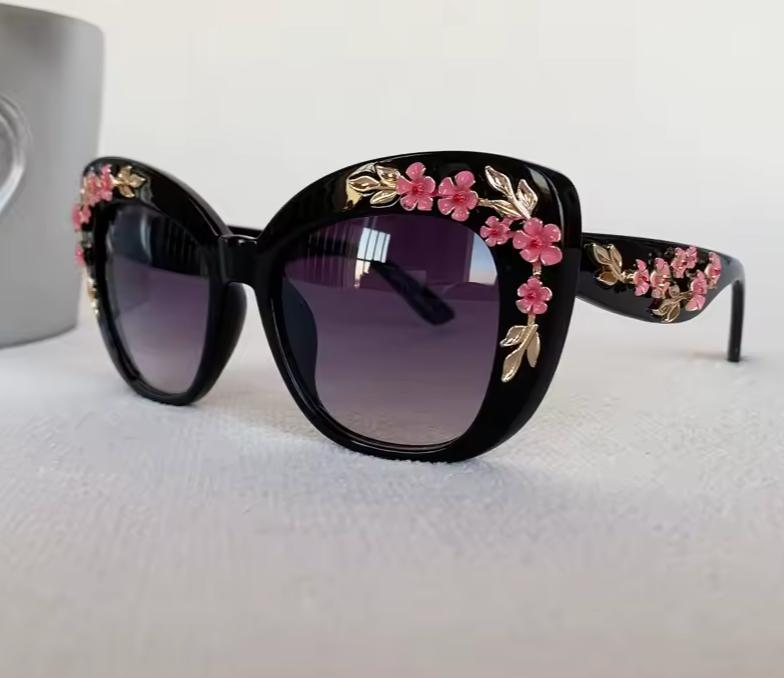 Women Rose Flower Cat Eye Queen Oversize Vintage Designer Sunglasses