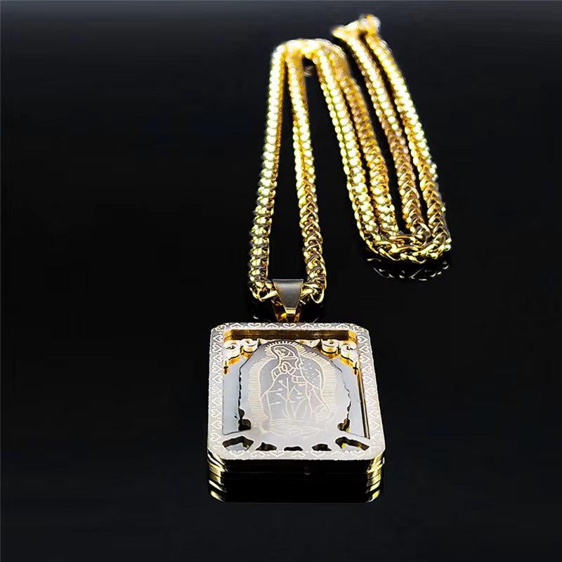 Men Stainless Steel Hip Hop Virgin Mary Medal Our Lady of Guadalupe Pendant Necklace